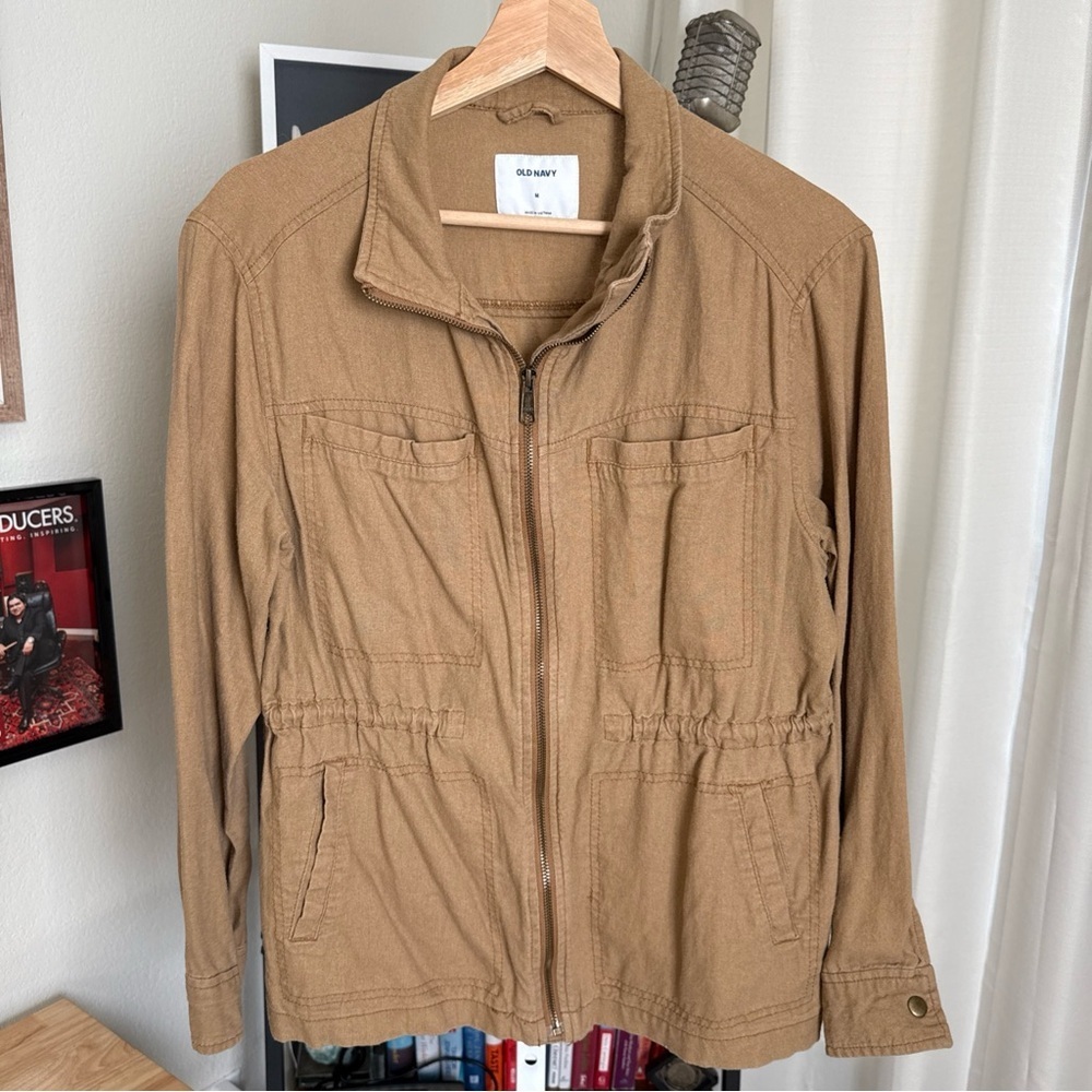 Old Navy Mock Neck Linen Blend Utility Jacket Women’s Size M Lightweight Zip - Picture 2 of 9